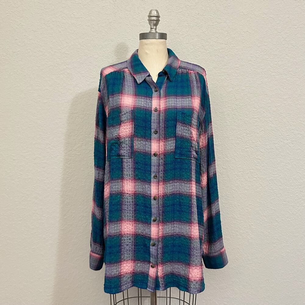 PILCRO ANTHROPOLOGIE The Hadley Shirt Blue Plaid Button Up LS Tunic